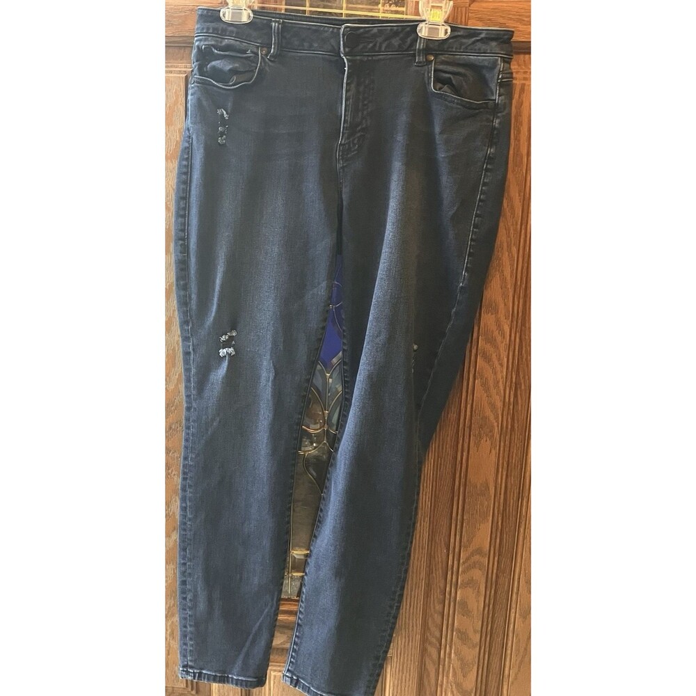 CAbi Jeans 3194 SKINNY Distressed Dark Wash Blue STRETCH Womens Size 14 Mid Rise
